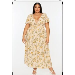 Lea Lemon Print Maxi Dress Twist Front Puff Sleeve Flowy Yellow Blue Cottagecore